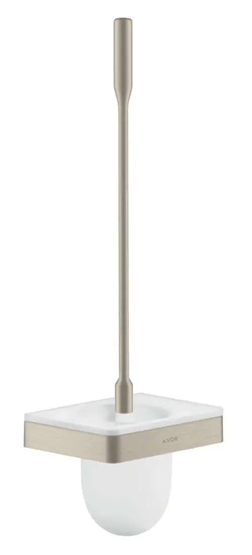 Toilettenbürstenhalter mit Wandmontage in Brushed Nickel von AXOR, bestehend aus einem länglichen Griff und einer runden Halterung, die einen weißen Behälter umfasst.